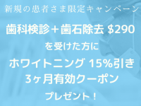 新規限定！歯科検診＆歯石除去パックでホワイトニング15％オフ