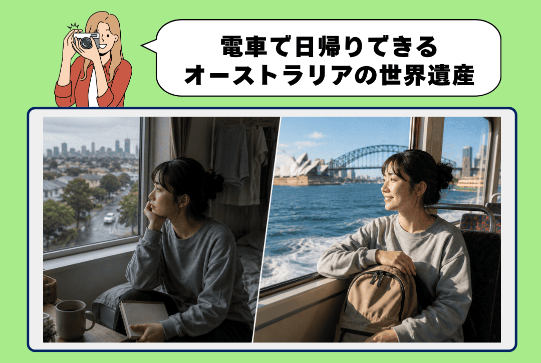 遠すぎると諦めていた留学生が、電車でオーストラリアの世界遺産へ日帰りする様子を左右で対比